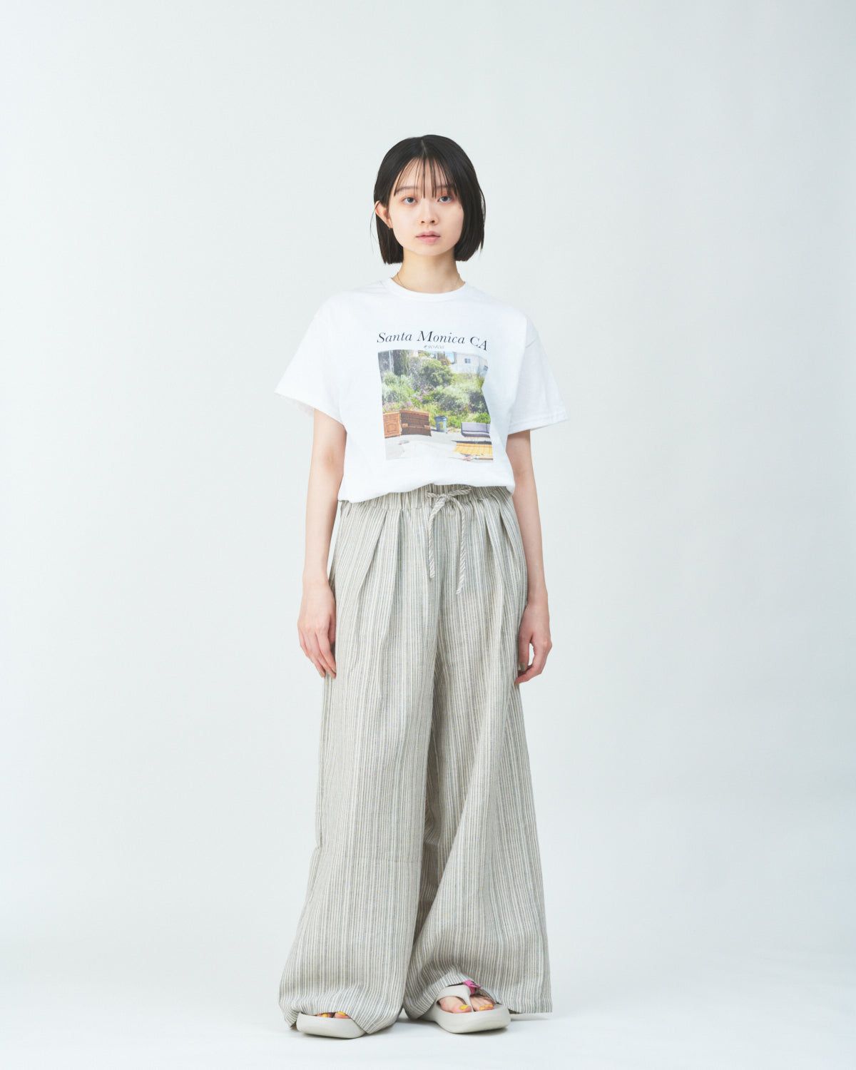 Woven striped pattern wide easy pants