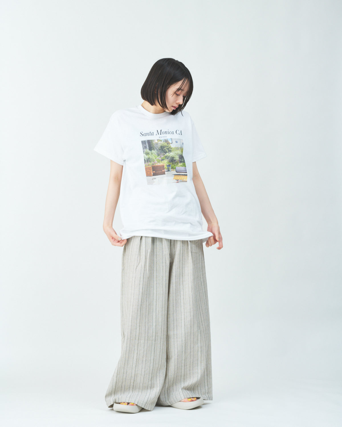 Woven striped pattern wide easy pants