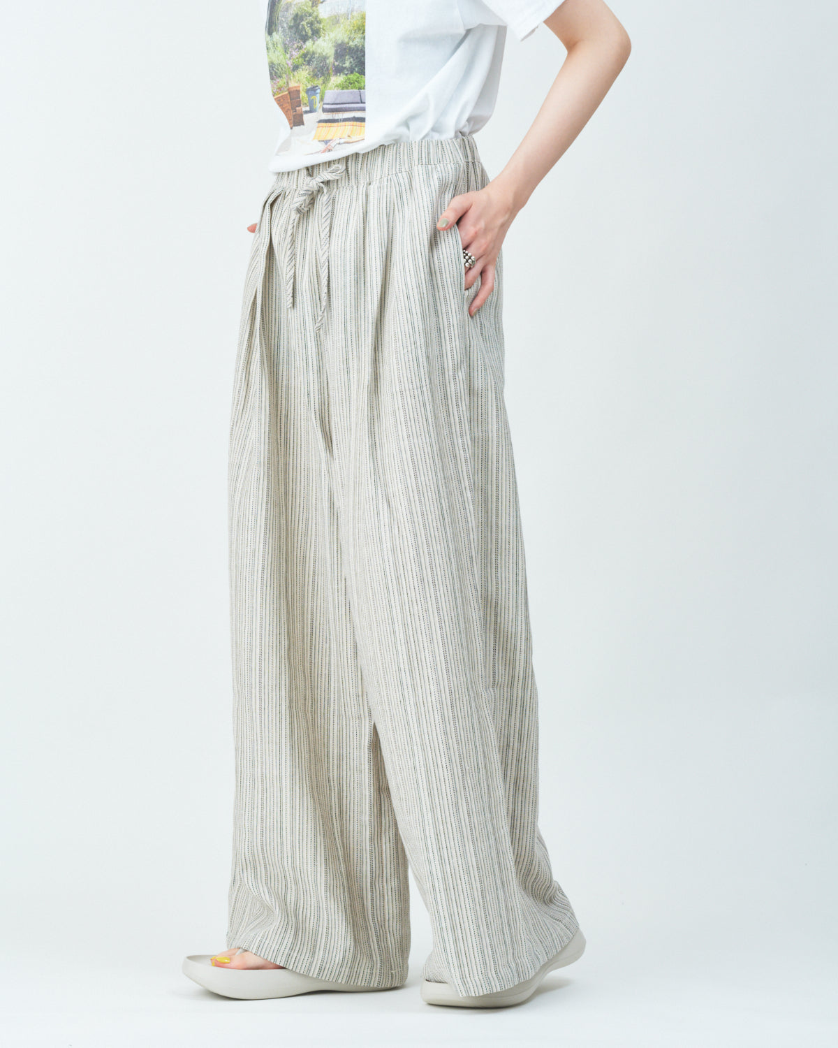 Woven striped pattern wide easy pants