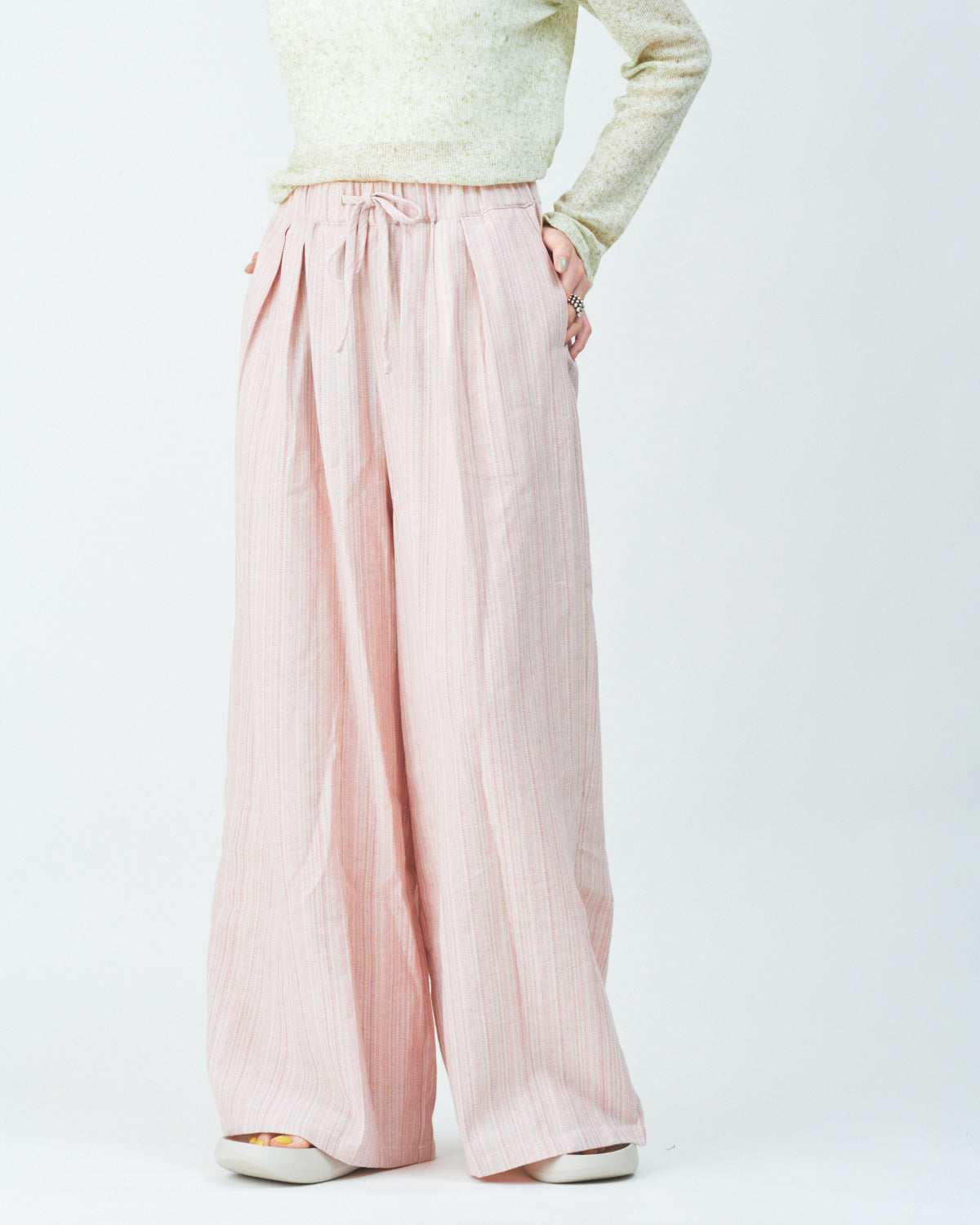 Woven striped pattern wide easy pants